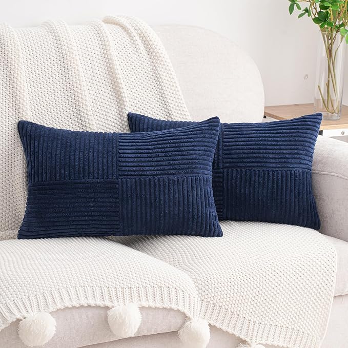 HWY 50 Navy Blue Corduroy Patchwork Throw Pillow Covers 12x20 Inch Rectangle by HWY50