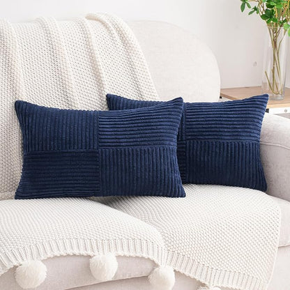 HWY 50 Navy Blue Corduroy Patchwork Throw Pillow Covers 12x20 Inch Rectangle by HWY50