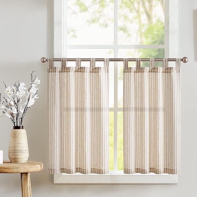 jinchan Tab Top Linen Kitchen Curtains 36 Inches Striped Tier Curtains by JINCHAN