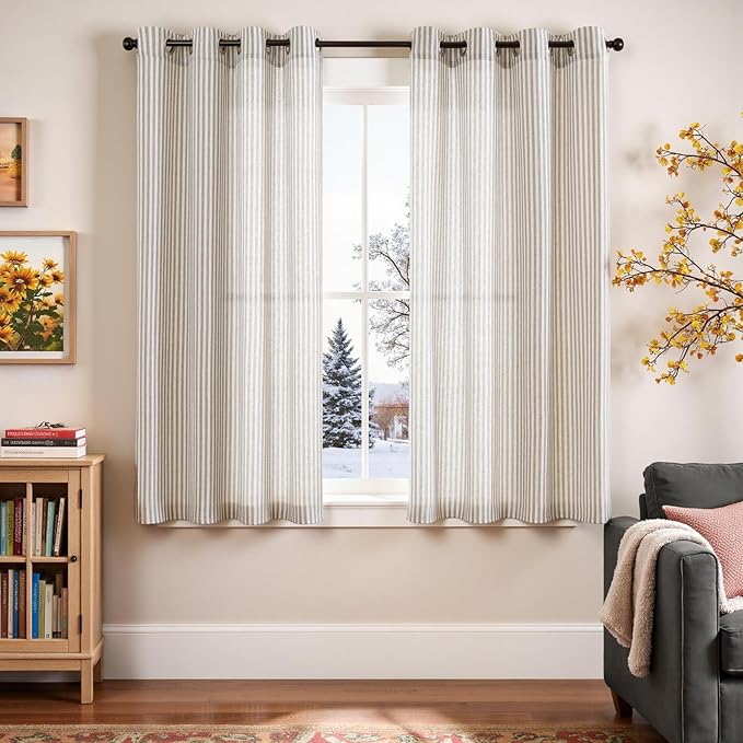 Vangao Linen Striped Grey Curtains Boho Tickingstripe Light Filtering Window - Image 2