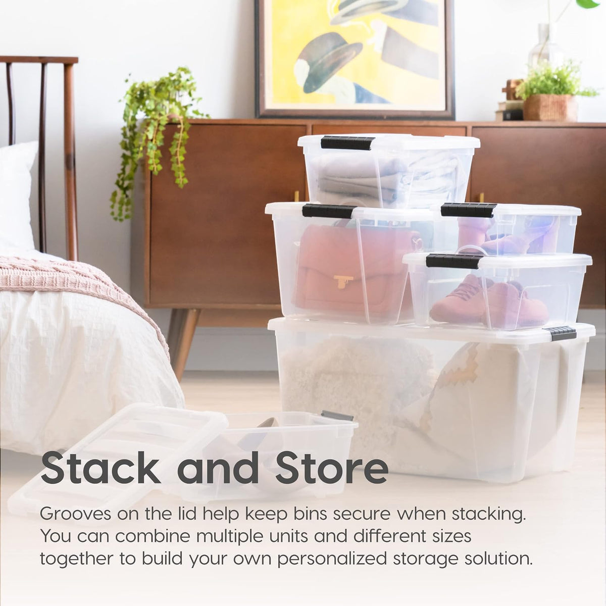 iris usa 6-pack 54 quart storage bins with on a desk or shelf