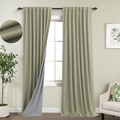 KOUFALL Sage Green Back Tab Linen Blackout Curtains 52x90 Inches Long by KOUFALL