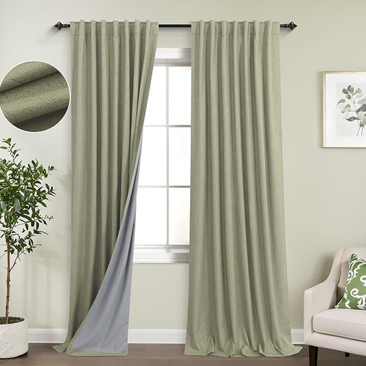 KOUFALL Sage Green Back Tab Linen Blackout Curtains 52x90 Inches Long by KOUFALL