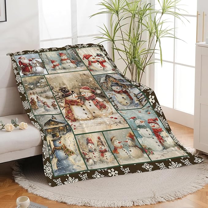 Retro Snowman Blanket Christmas Snowman Throw Blanket Flannel Stuff Merch Cozy - Image 6