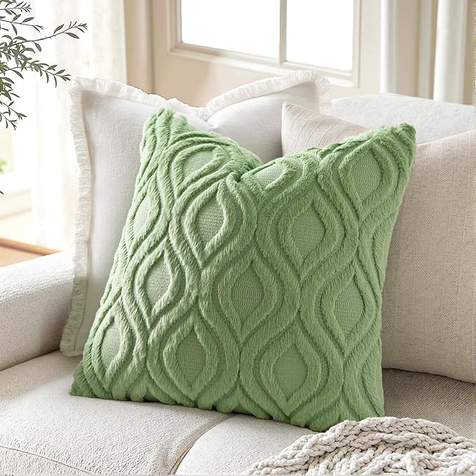 MIULEE Sage Green Throw Pillow Covers 24x24 Inch, Soft Spring Plush Faux Wool - Image 2