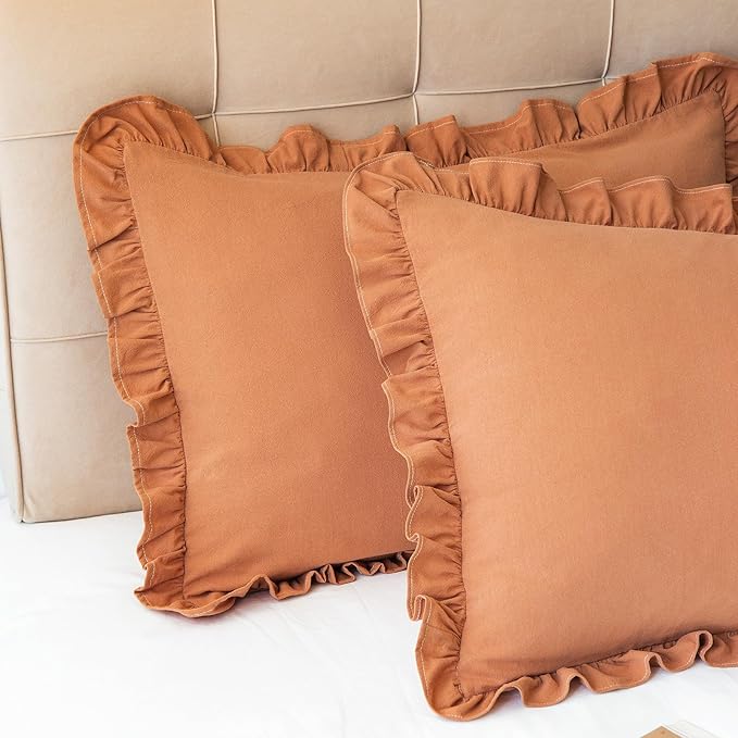 Pillow Shams Set of 2 Washed 100% Cotton Retro Ruffle Flounces Trim Solid Beige - Image 5