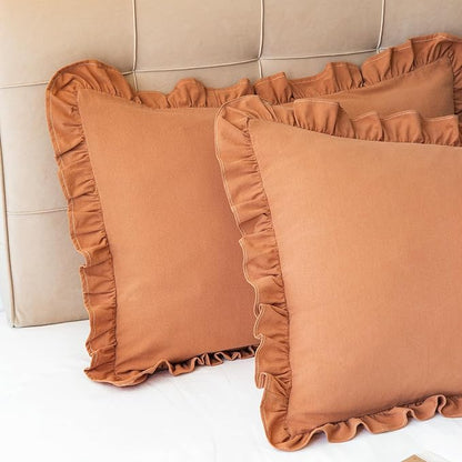 Pillow Shams Set of 2 Washed 100% Cotton Retro Ruffle Flounces Trim Solid Beige - Image 5