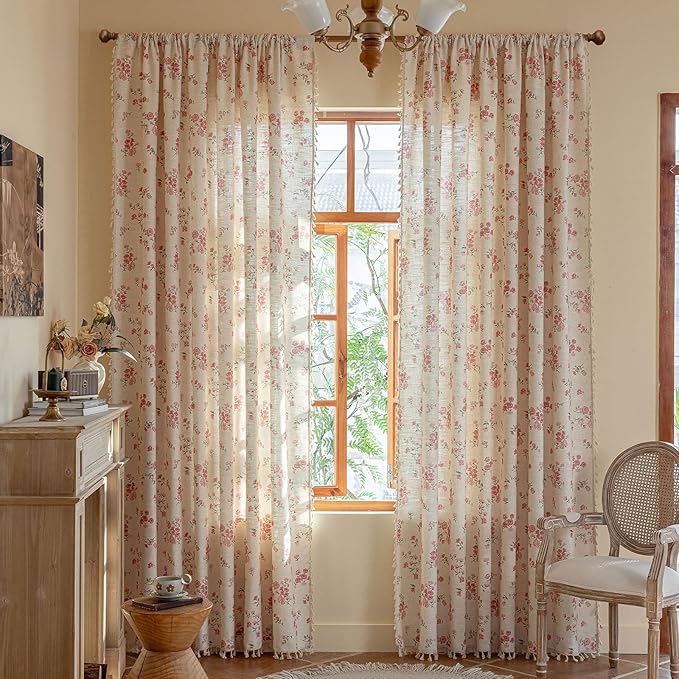 ENJOYBRIDAL Pink Floral Curtains 84 Inches Long 2 Panels Boho Tassel Drapes - Image 2