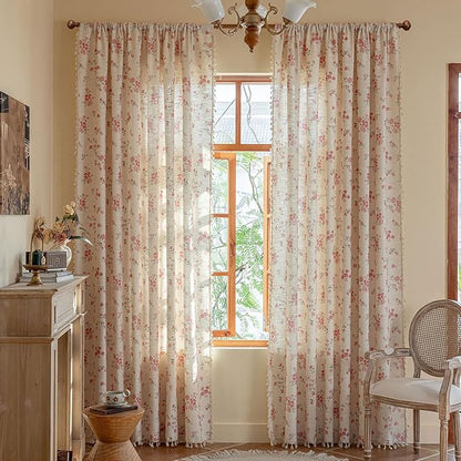 ENJOYBRIDAL Pink Floral Curtains 84 Inches Long 2 Panels Boho Tassel Drapes - Image 2