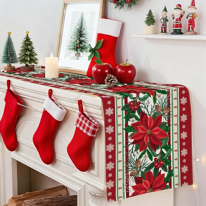 OTOSTAR Snow Holly Pinecone Christmas Red Flower Table Runner, Xmas Seasonal - Image 4