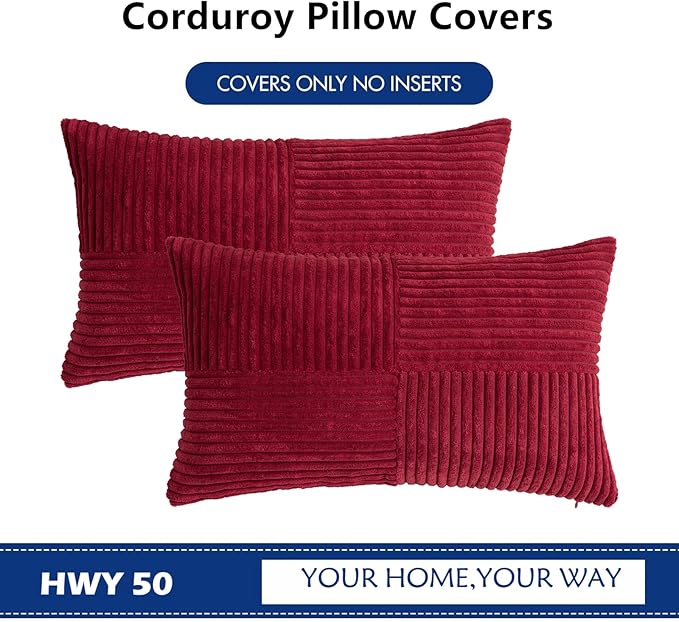 HWY 50 Burgundy Red Corduroy Patchwork Throw Pillow Covers 12x20 Inch Rectangle - Image 7