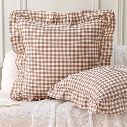 Aryeleay 2 Pack Khaki White Plaid Ruffle Throw Pillow Covers, 100% Cotton by Aryeleay