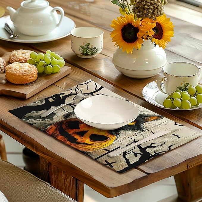 Halloween Black Cat Pumpkin 12x18 Placemats Set of 4 Happy Halloween Bat Branch - Image 6