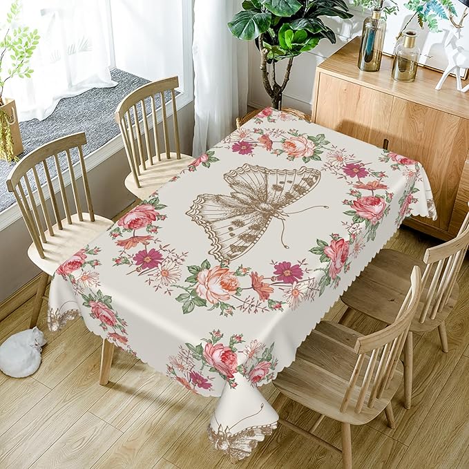 60x108inches Floral Rectangle Tablecloth Red Rose Flower Butterfly Printed - Image 5