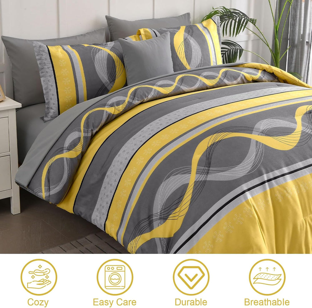 Anibedding Yellow and Grey Comforter Set King Size,8 Pieces Bed in a Bag Patc...