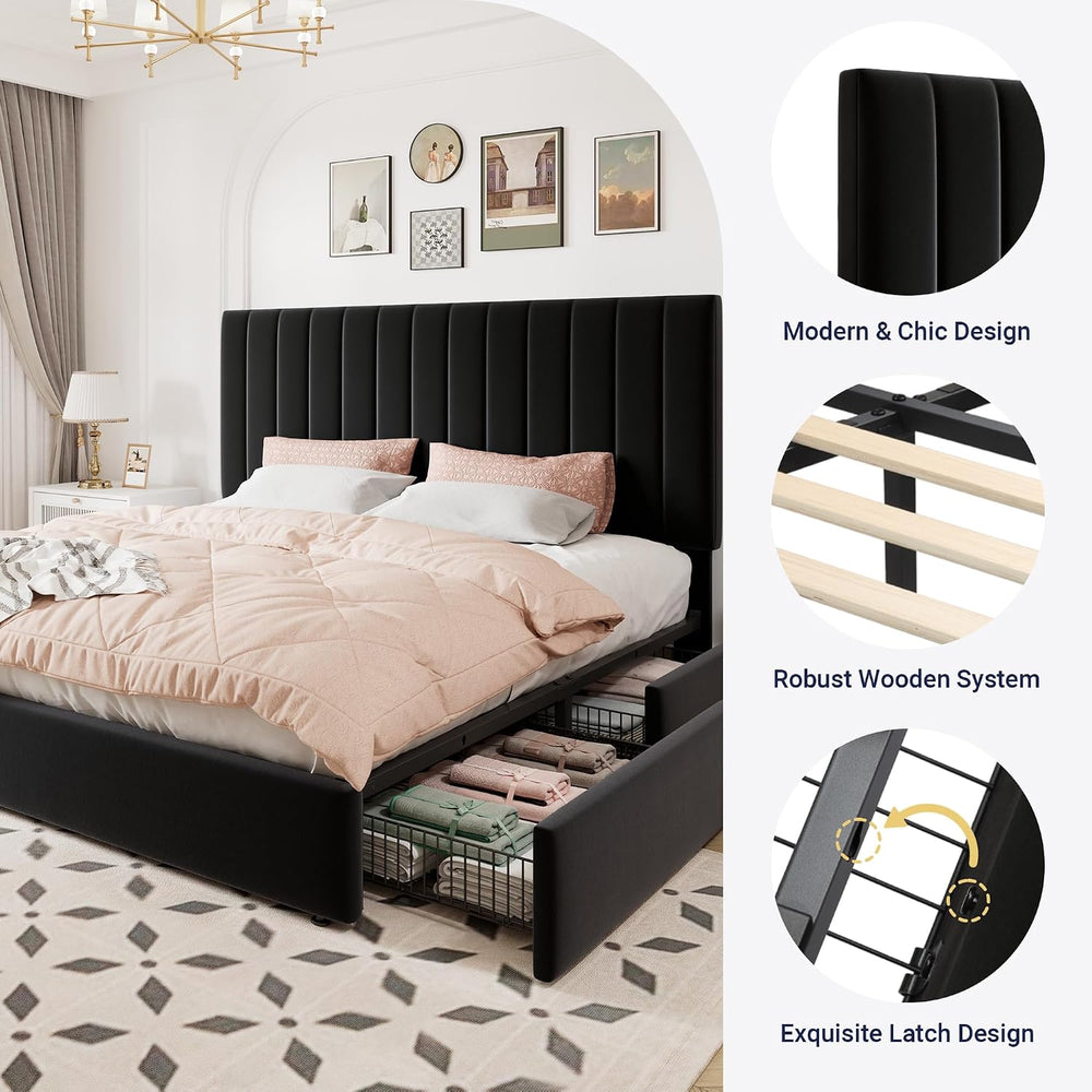 Allewie King Size Storage Bed Frame, Vertical Channel Tufted Adjustable Headb...