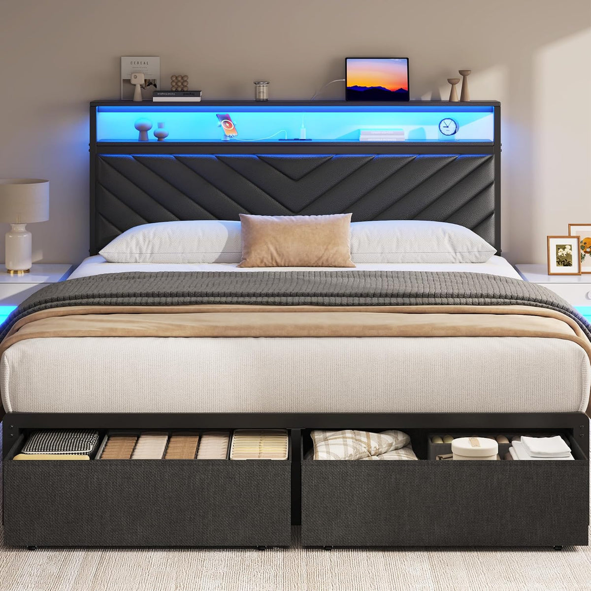 fluest queen bed frame with 2 drawers, upholstered, package contents
