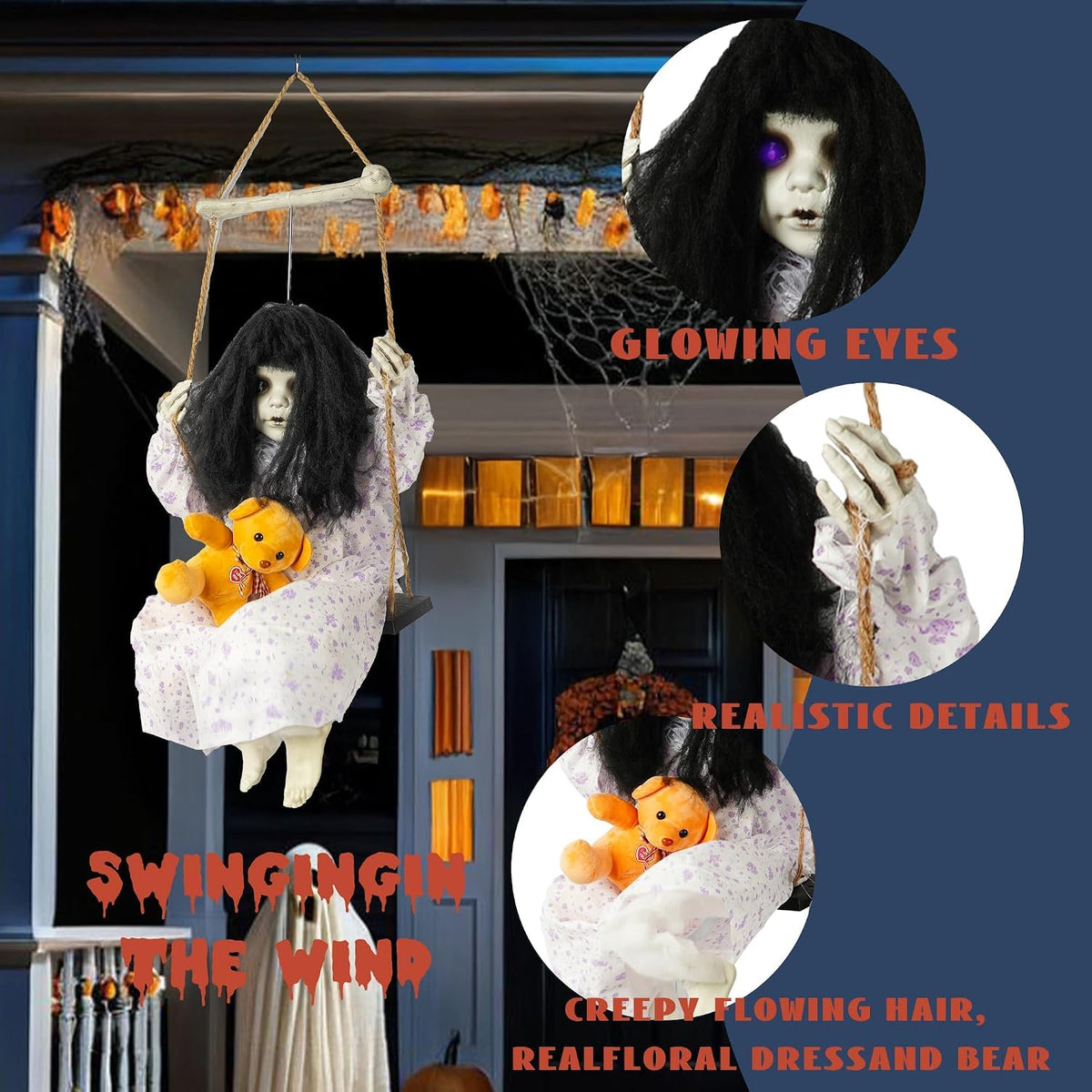Hourleey Halloween Decorations Outdoor, Hanging Swinging Girl Doll Sound Activated with Lighted Eyes Creepy Sound, Animatronics Halloween Decor for Indoor Trees Party Garden Haunted House Prop