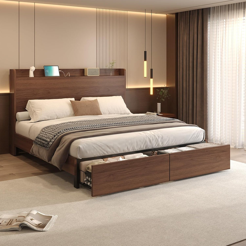 King Size Bed Frame with Storage Headboard & 2 Drawers, Mid-Century Moder...