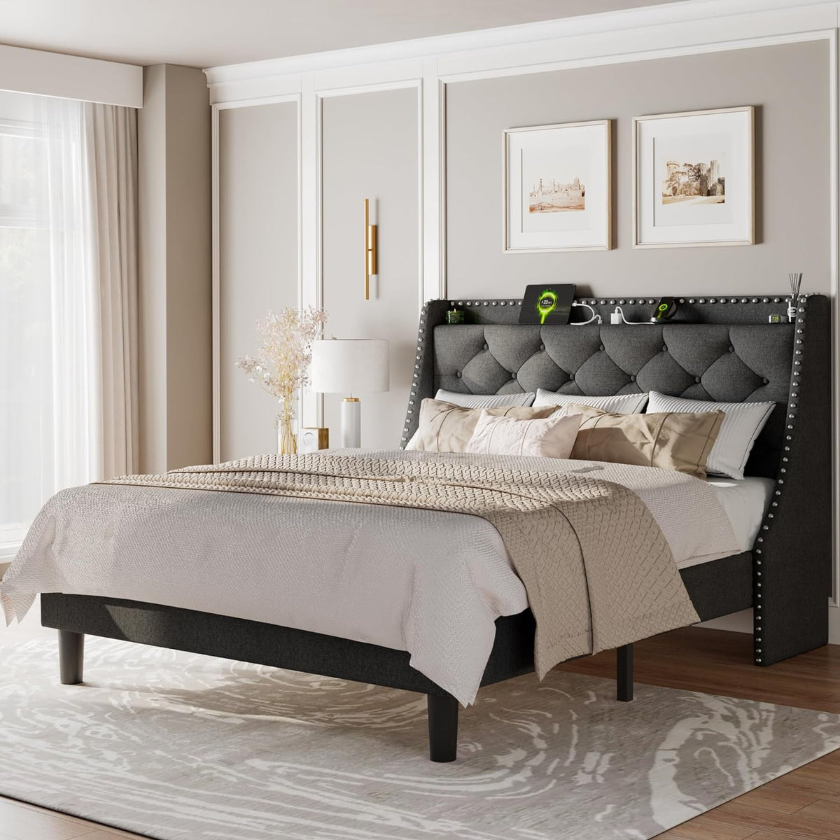 feonase full size bed frame with luxury wingback, main product view