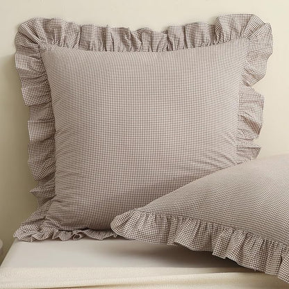 Aryeleay 2 Pack Brown White Plaid Gingham Ruffle Pillow Shams, 100% Washed by Aryeleay