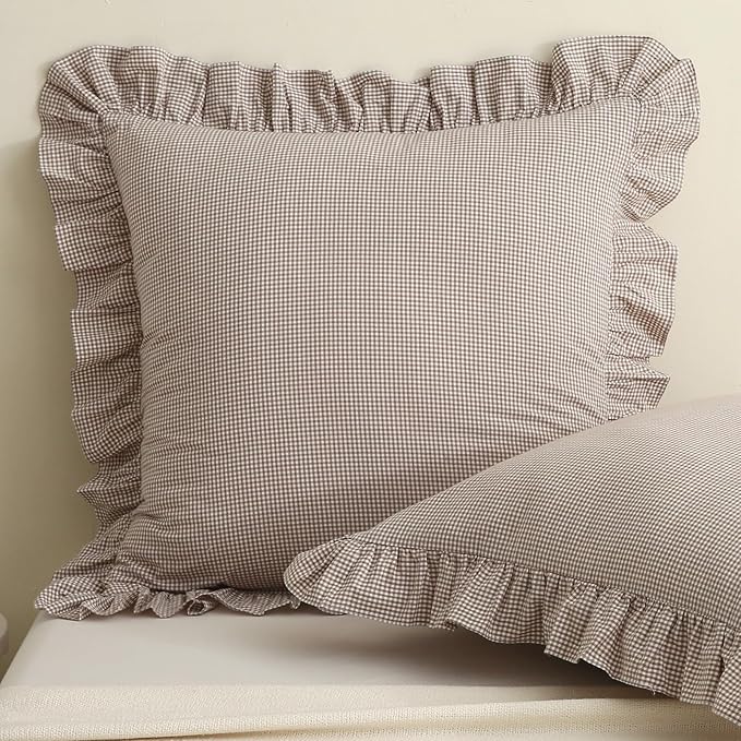 Aryeleay 2 Pack Brown White Plaid Gingham Ruffle Pillow Shams, 100% Washed by Aryeleay