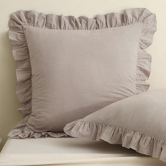 Aryeleay 2 Pack Brown White Plaid Gingham Ruffle Pillow Shams, 100% Washed by Aryeleay
