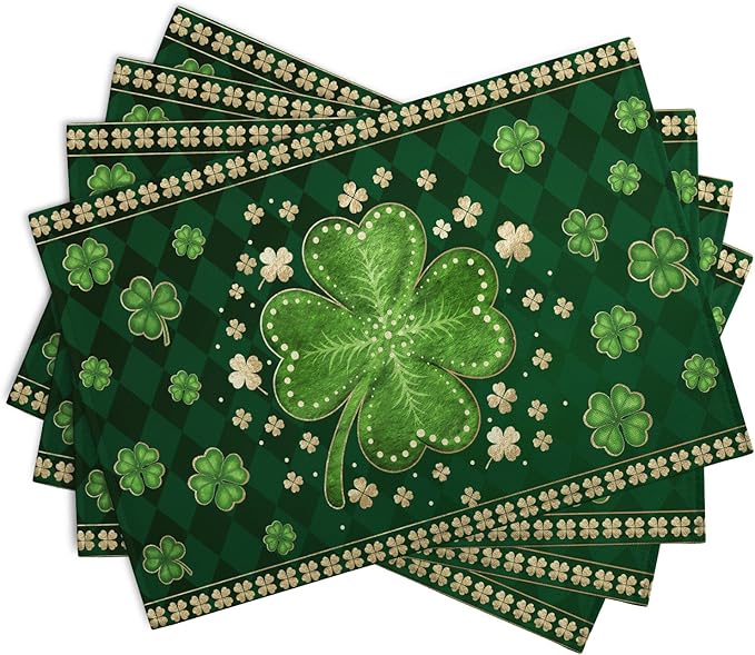 Green Shamrock St Patricks Day Placemats Set of 4 Lucky Clover Plaid Check - Image 2