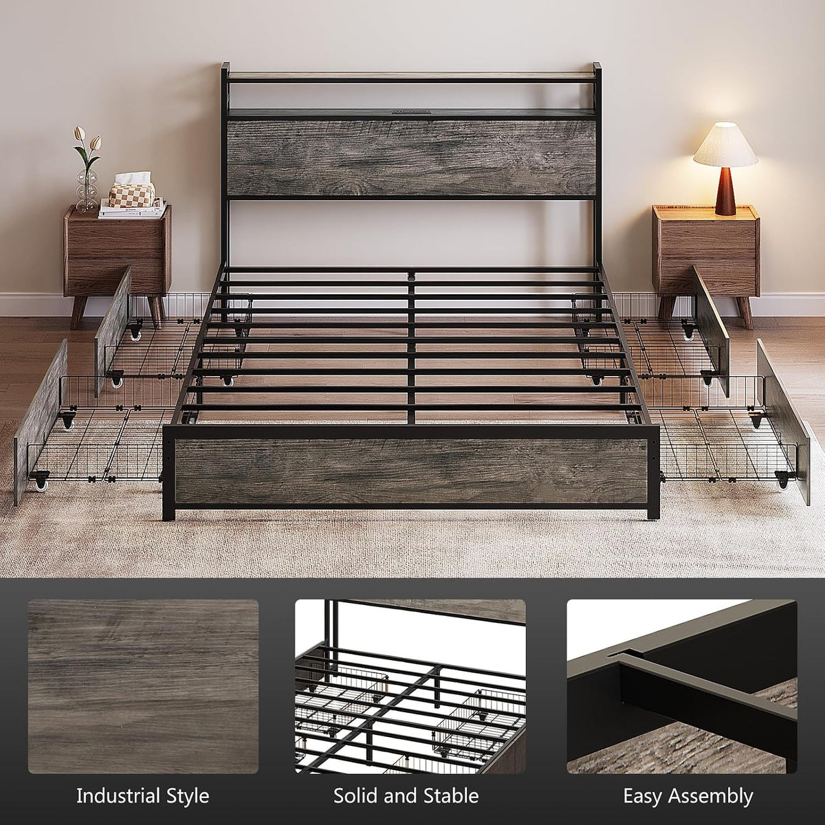 vingli king bed frame with 4 storage drawers on a desk or shelf