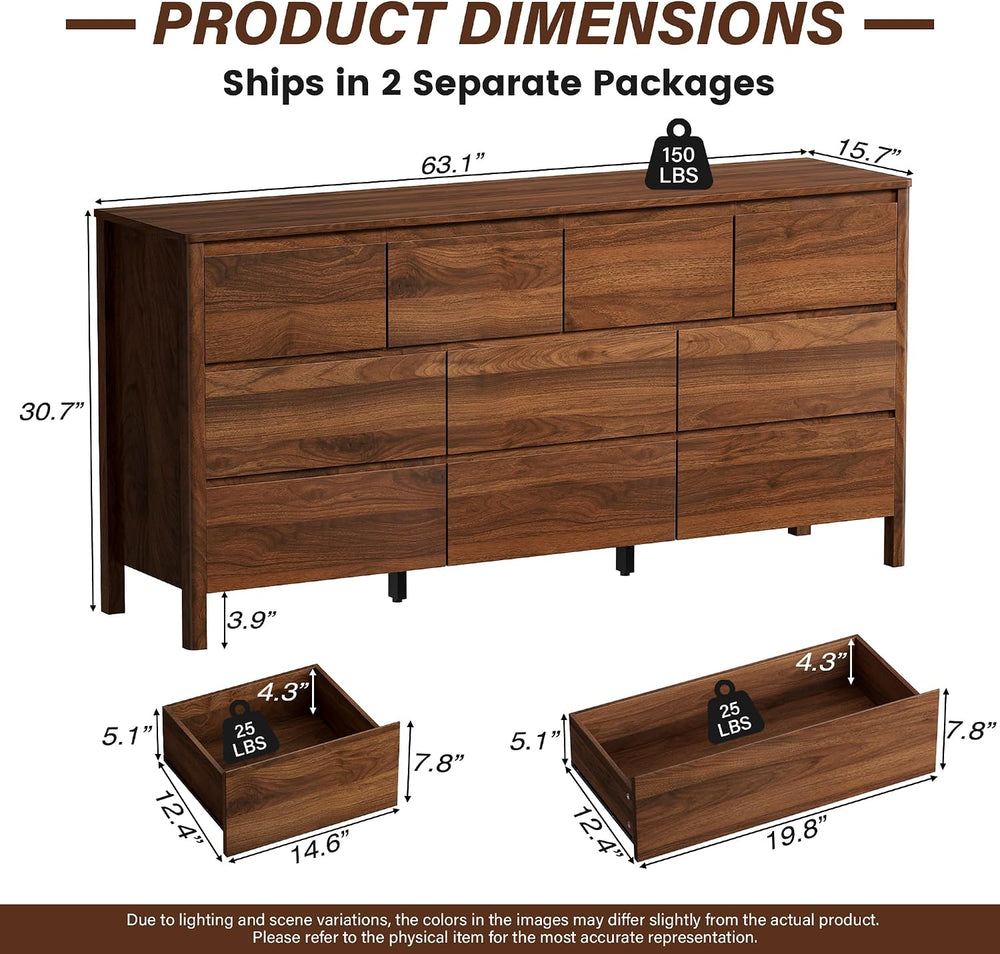 63.1" Wide 10 Drawer Wood Dresser for Bedroom with Legs, Walnut