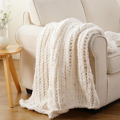 Battilo Cream Chunky Knit Throw Blanket, Soft and Thick White Chenille Throw - Image 4