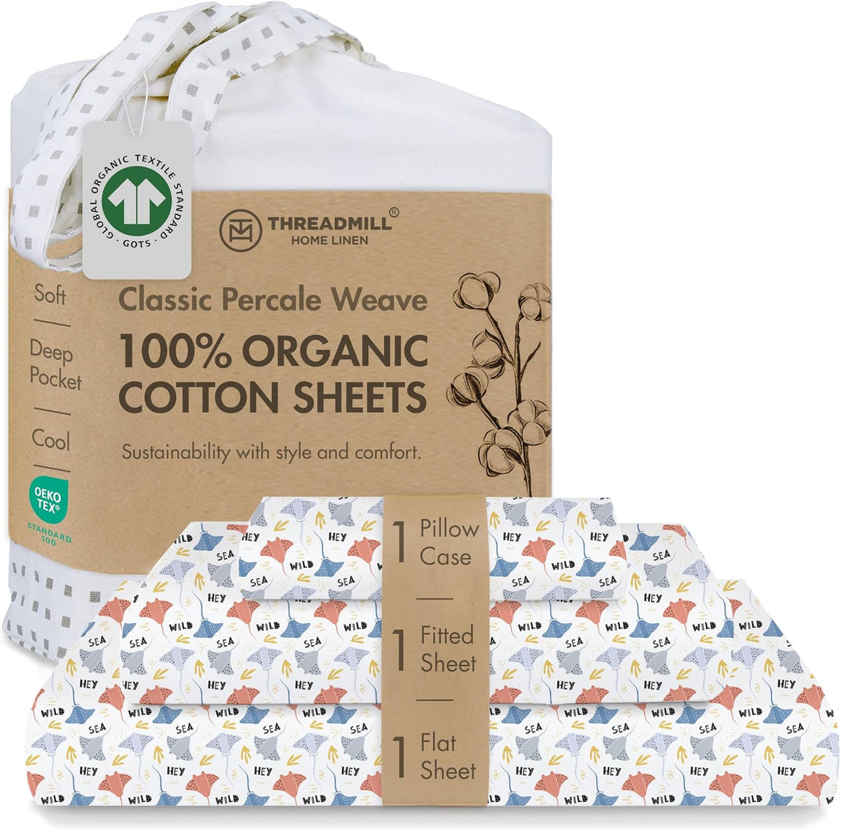 threadmill organic cotton twin xl sheet set, percale, main product view