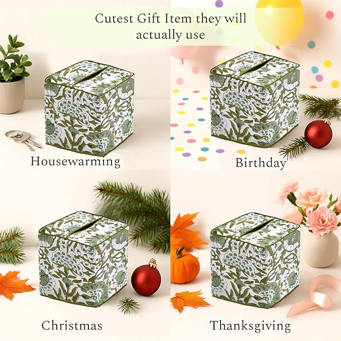 CPC Agate Green Hand Block Printed Cotton Tissue Box Cover 5" x 5" x 5.5" - Image 4