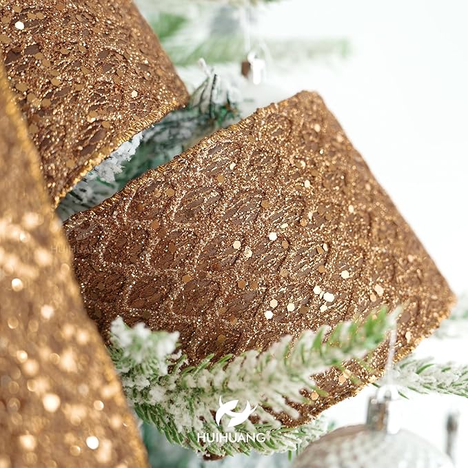 HUIHUANG Copper Wired Ribbon 4 inch Glitter Christmas Wired Ribbon Diamond Mesh - Image 4