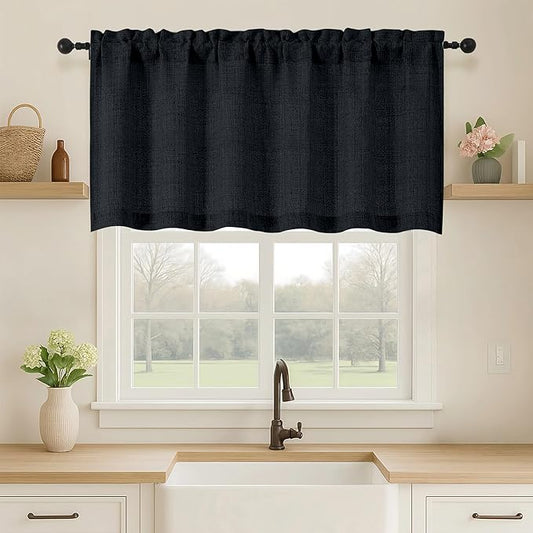 OVZME Black Valance for Windows, Light Filtering Faux Linen Textured Small Cafe by OVZME