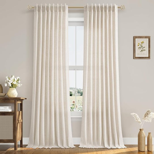 Natural Pinch Pleat Linen Curtains 118 Inch Length 2 Panels Set by Aersas