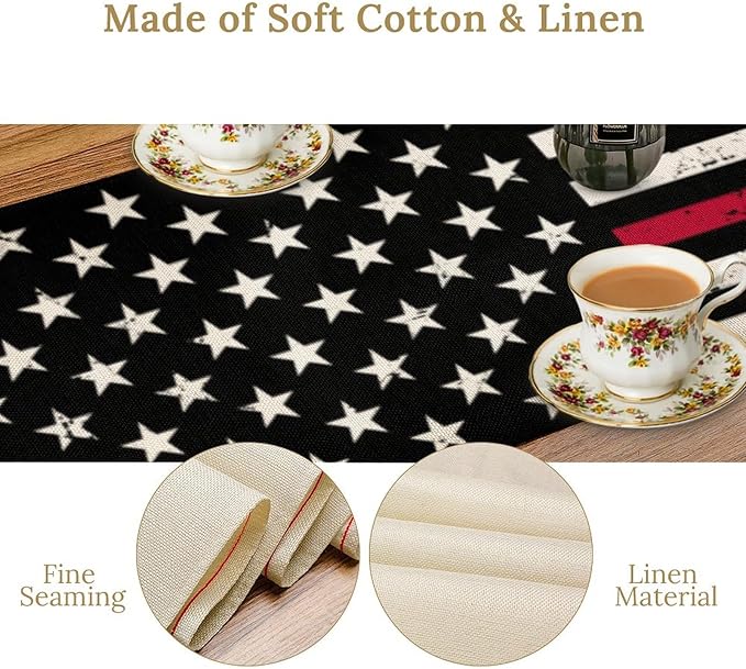 Red Line Black Table Runner July 4th Rustic American Firefighter USA Flag - Image 5