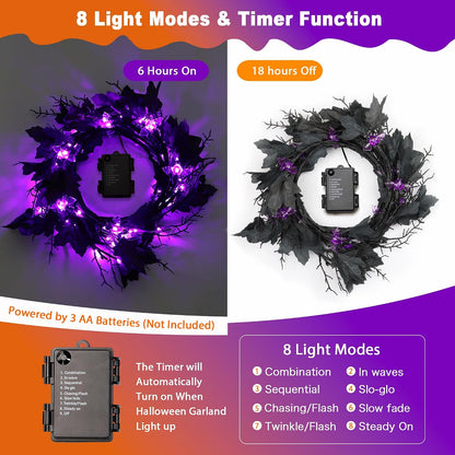 9FT 72 LED Halloween Willow Vine Twig Decor Black Halloween Garland with Bat & LED Purple Lights, 8 Modes Waterproof Battery Operated Halloween Lights Indoor Halloween Decorations for Home Wall Table