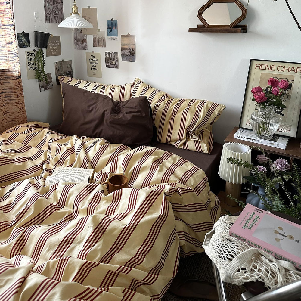 mixinni Retro Striped Duvet Cover Set Twin - 100% Natural Cotton 3-Piece Vint...