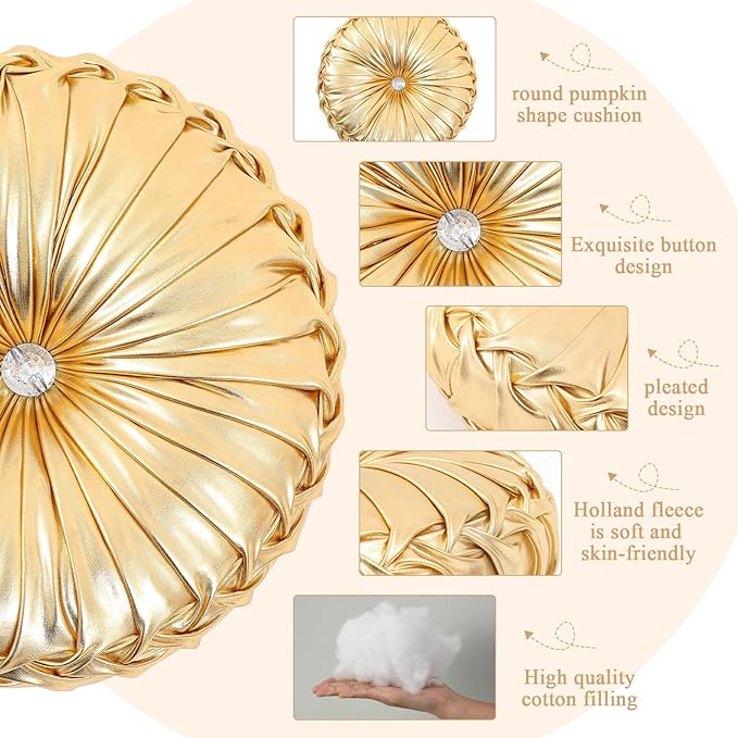 2 Pcs Round Throw Pillows Decorative Polyester Pleated Throw Pillows 15'' - Image 3
