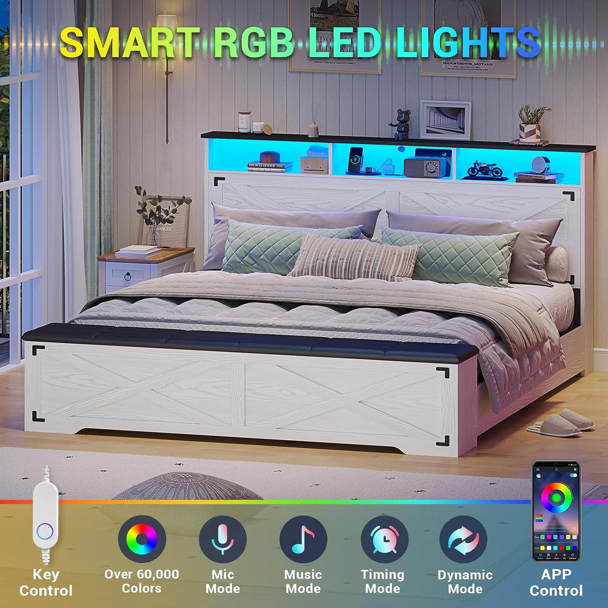 hasuit queen size bed frame with storage ottoman showing dimensions