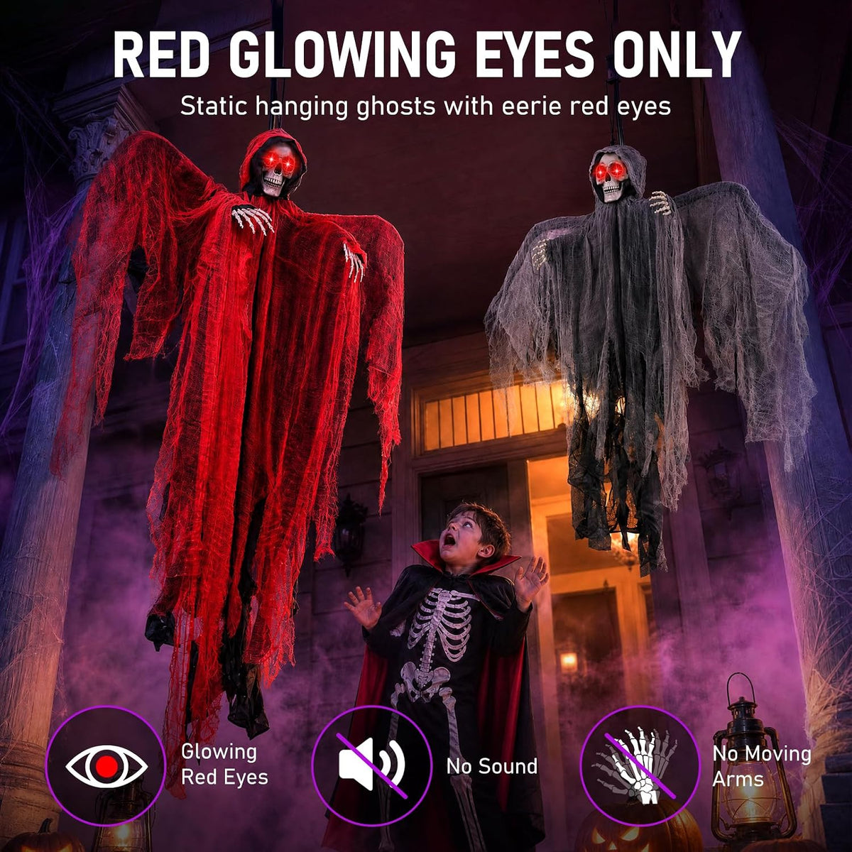 71" Halloween Hanging Skeleton Ghosts with Moving Grabbing Arm, Scary Sound & Glowing Red Eyes, 3 Pack Halloween Decorations Outdoor Flying Grim Reaper Set for Yard Porch Haunted House Props Décor