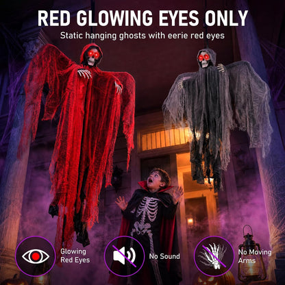 71" Halloween Hanging Skeleton Ghosts with Moving Grabbing Arm, Scary Sound & Glowing Red Eyes, 3 Pack Halloween Decorations Outdoor Flying Grim Reaper Set for Yard Porch Haunted House Props Décor