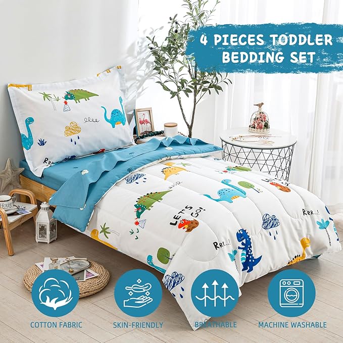 DJY Cotton Toddler Bedding Set for Boys Girls, 4 Pieces Dinosaur Toddler Bed - Image 2
