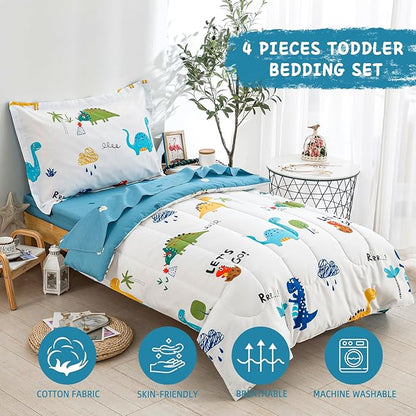 DJY Cotton Toddler Bedding Set for Boys Girls, 4 Pieces Dinosaur Toddler Bed - Image 2