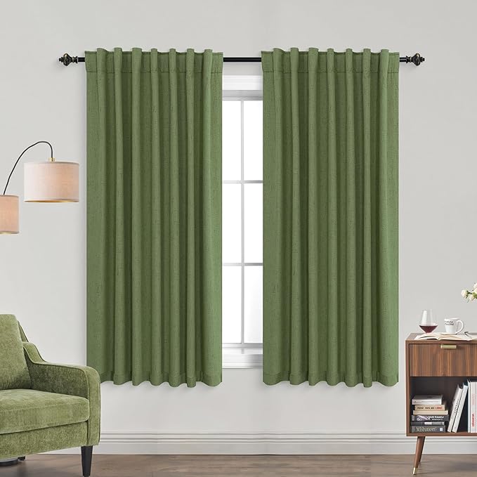 KOUFALL Bathroom Window Curtain, Short Boho Rustic Linen Moss Olive Green by KOUFALL
