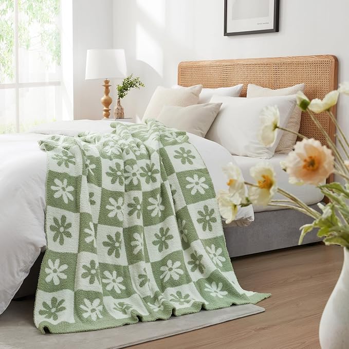 Snuggle Sac Checkered Blanket, Sage Green Flower Throw Blanket - Image 5