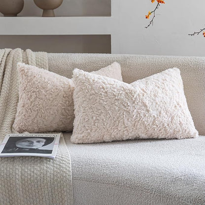 Neelvin Set of 2 Faux Fur Throw Pillow Covers 12x20 Inch Beige Cozy Soft Solid by Neelvin