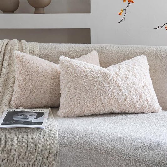 Neelvin Set of 2 Faux Fur Throw Pillow Covers 12x20 Inch Beige Cozy Soft Solid by Neelvin