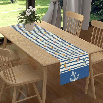 Nautical Anchor Table Runner, Retro Coastal Ship Anchor Stripe Navy Blue - Image 2